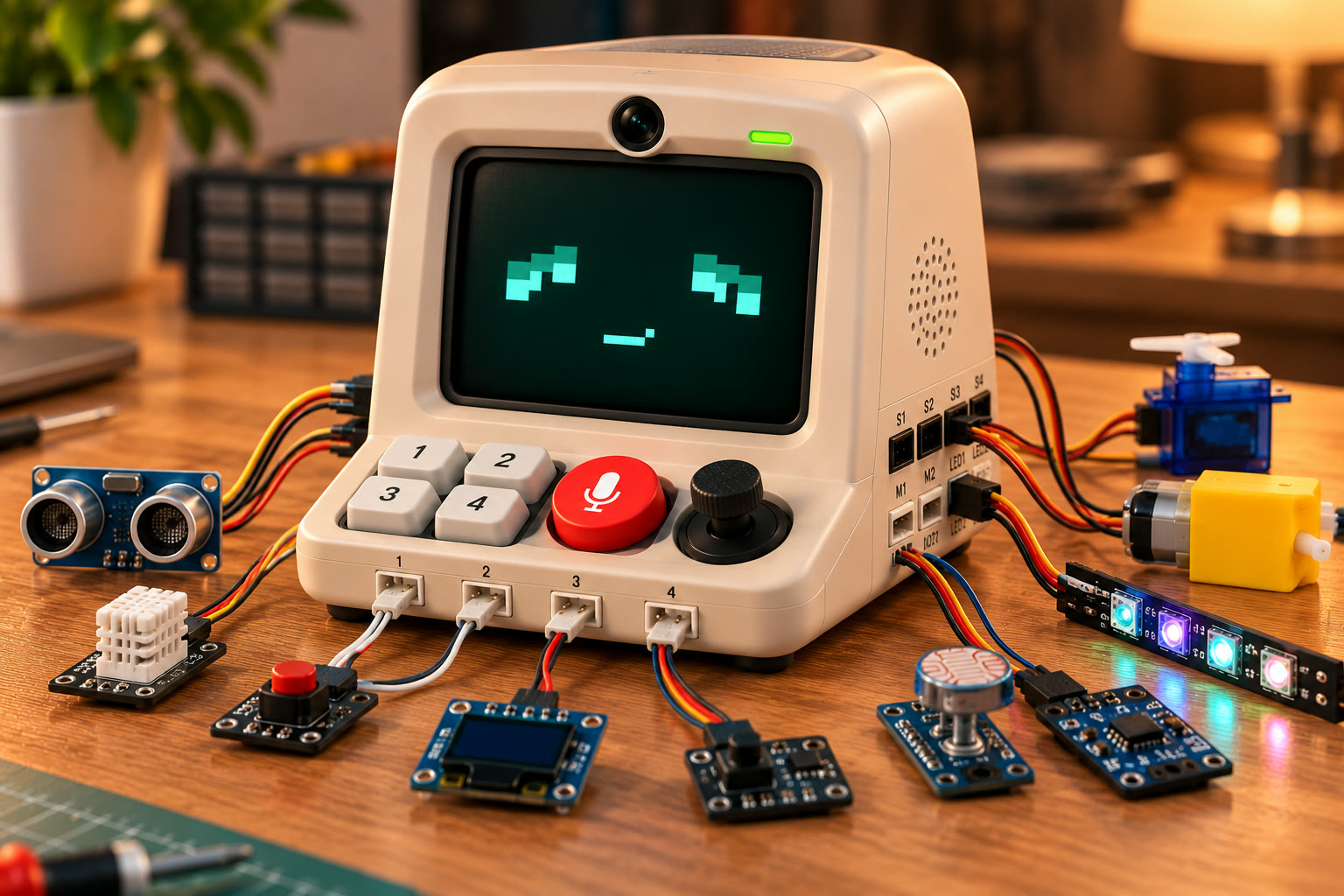 IOT-TIME AI 编程小电脑：桌面实拍，接满超声波、舵机、电机、灯带等传感器与外设